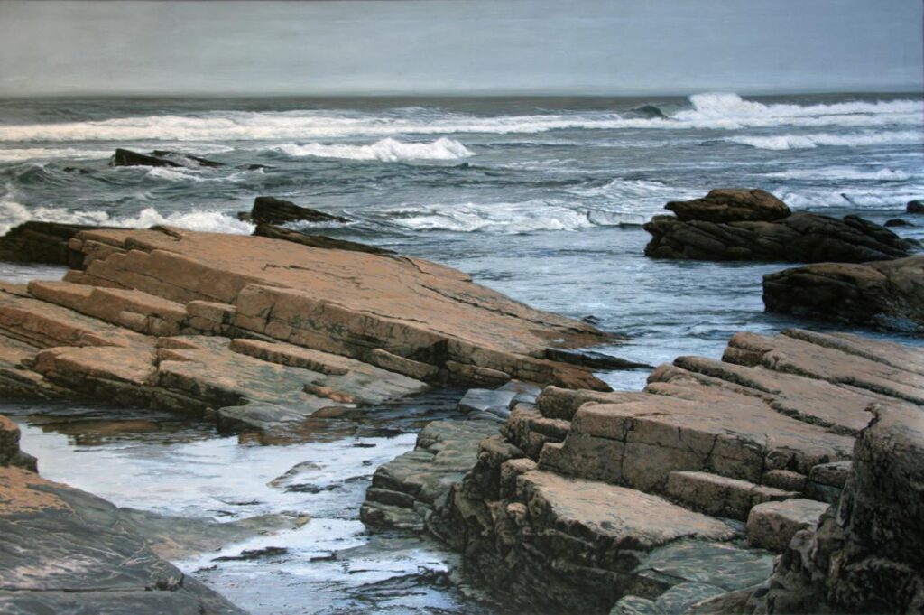 Large-scale hyperrealist acrylic painting depicting cold coastal horizon with rocky shoreline and turbulent sea