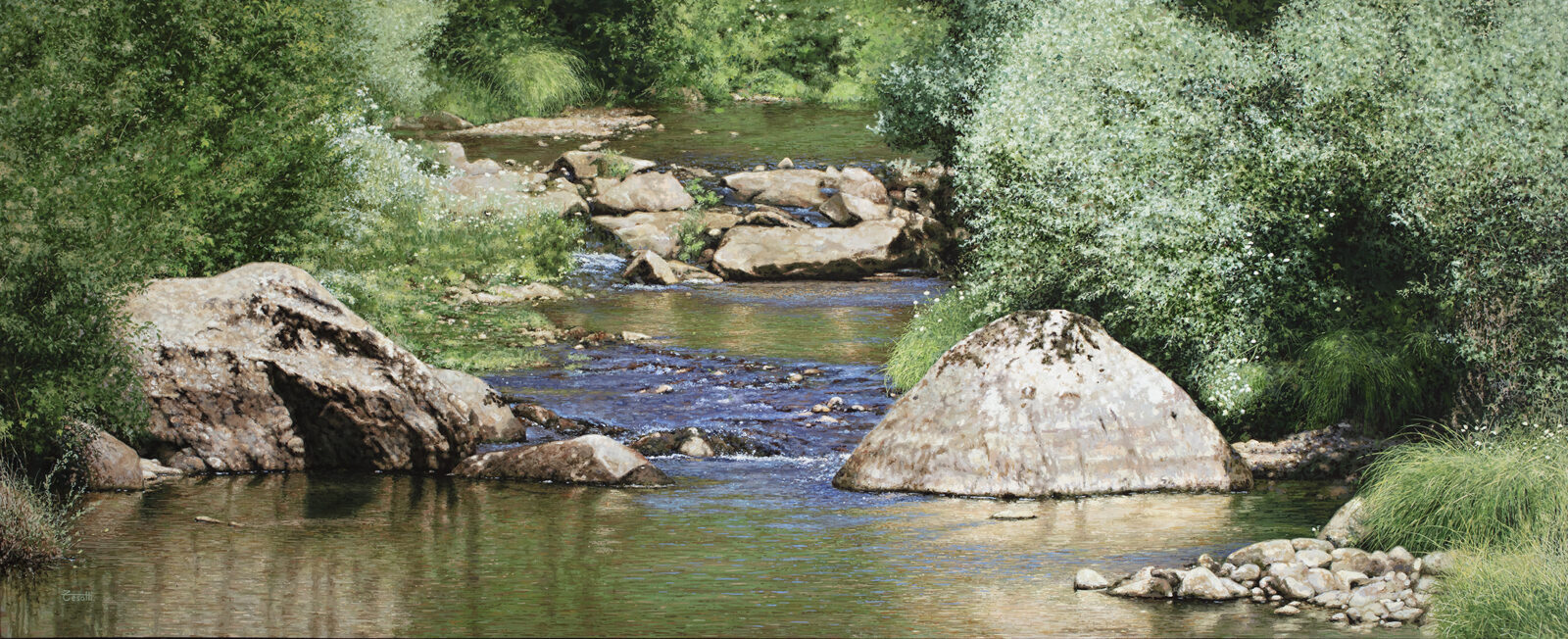 Hyperrealistic painting by Armando Zesatti depicting a spring landscape with flowing water, rocks, and fresh greenery, rendered with fine detail to emphasize renewal, light, and the vibrant calm of the season.
