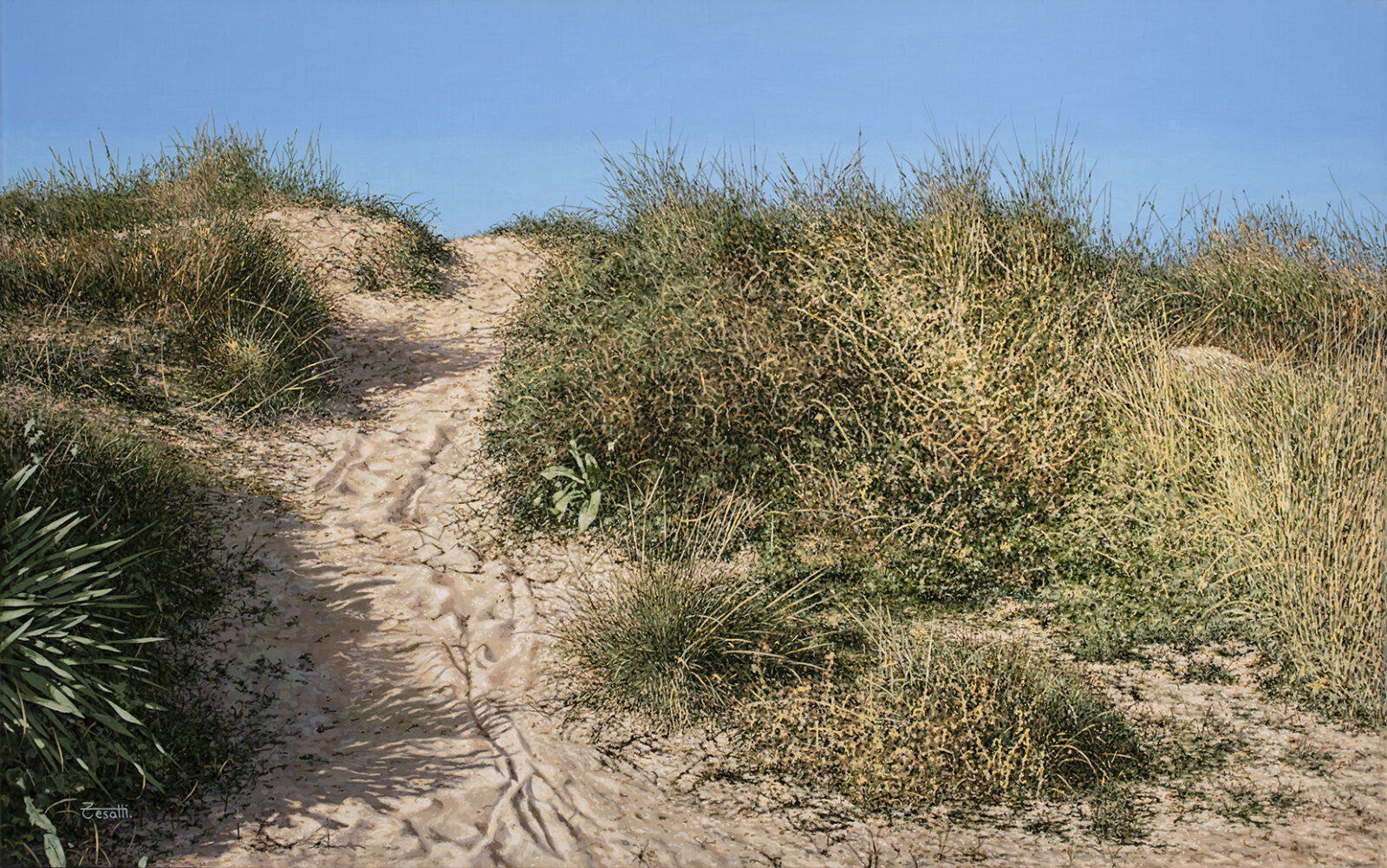 Hyperrealistic painting by Armando Zesatti depicting a sandy path leading toward the beach, bordered by dry coastal vegetation, rendered with detailed textures to emphasize light, depth, and the anticipation of reaching the sea.