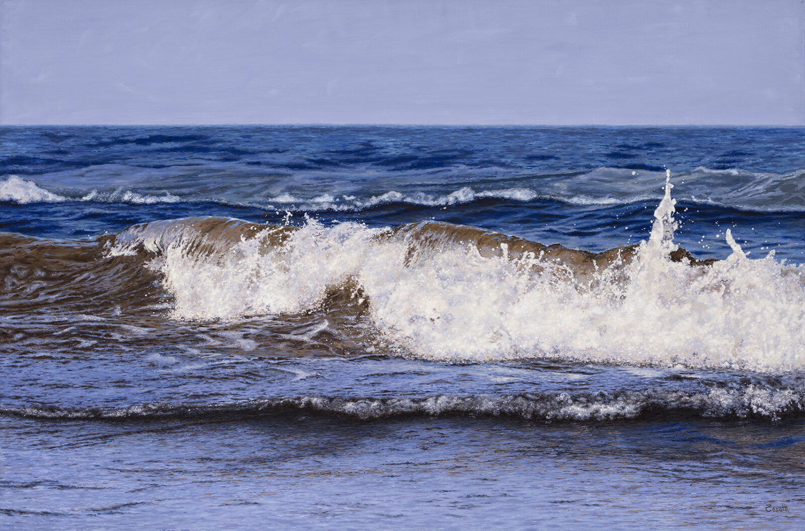 Hyperrealistic painting by Armando Zesatti depicting successive waves breaking along the shore, rendered with detailed foam and motion to emphasize rhythm, repetition, and the continuous pulse of the sea.