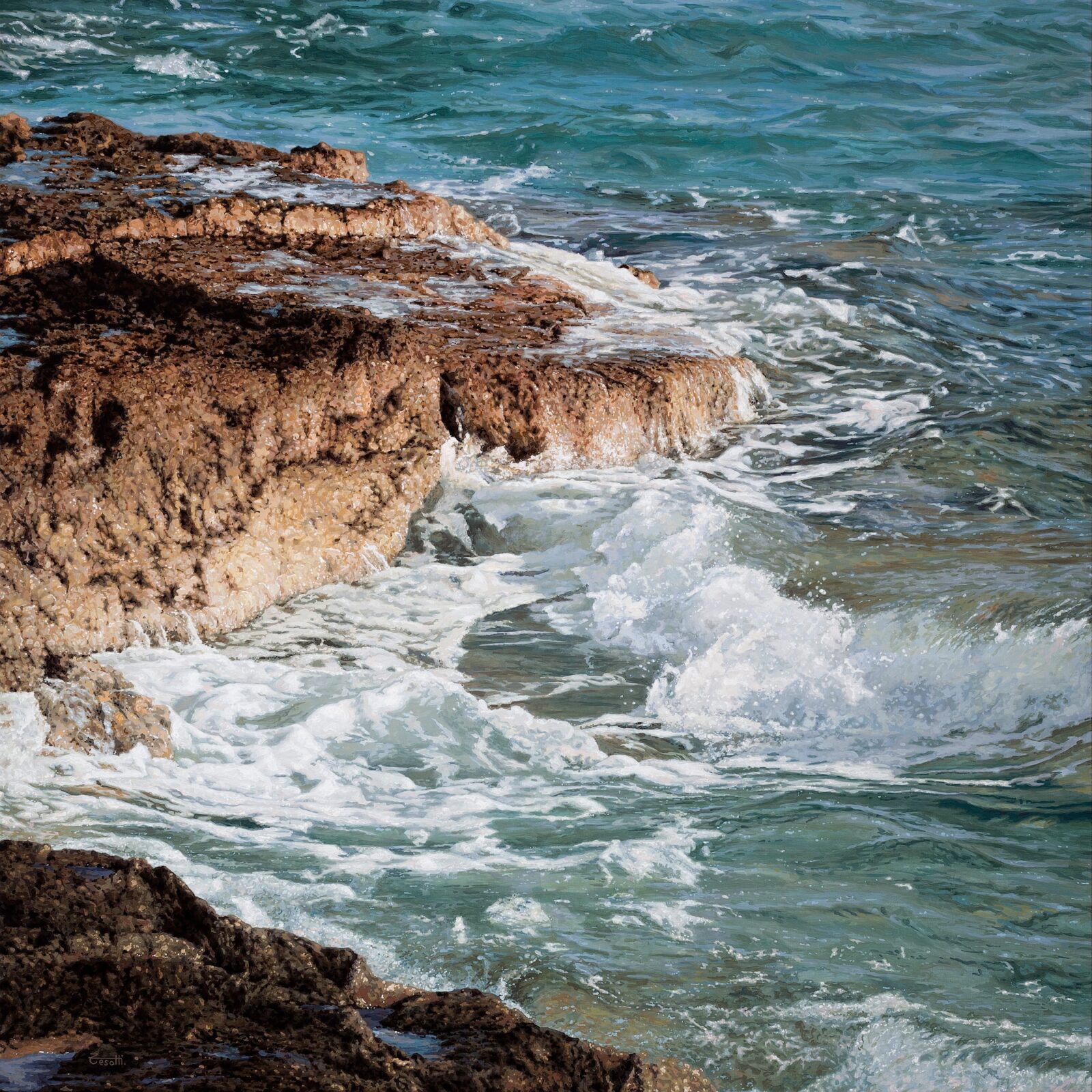 Hyperrealistic painting by Armando Zesatti depicting a rocky reef with waves striking the shoreline, rendered with rich texture and movement to emphasize the force of the sea and the rugged coastal landscape.