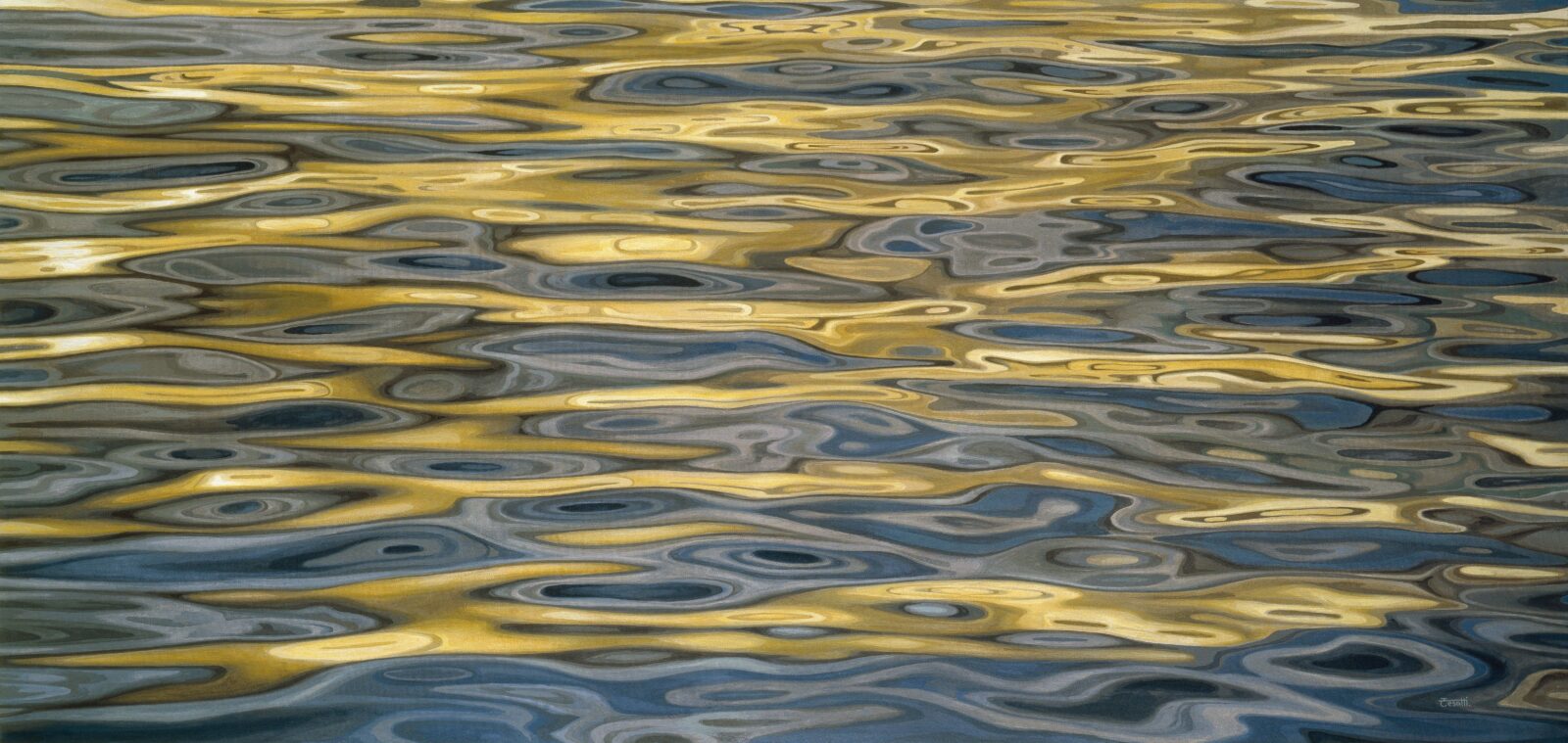 Hyperrealistic painting by Armando Zesatti depicting the sea at sunset, with warm light reflecting across the water’s surface, emphasizing gentle movement, color transitions, and the calm atmosphere of dusk.