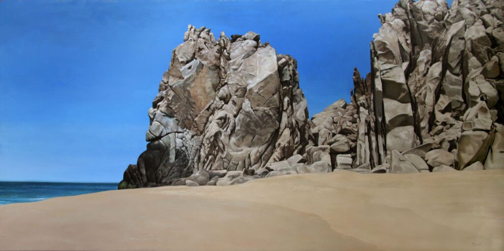 Large-scale hyperrealist acrylic painting depicting rocky coastal landscape in Baja California Sur by Armando Zesatti