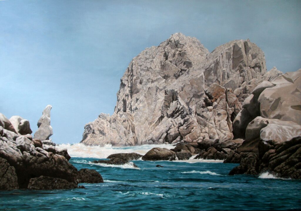 Large-scale hyperrealist acrylic painting depicting rocky coastal seascape with turquoise water by Armando Zesatti
