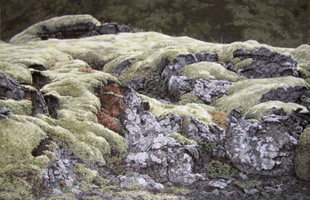 Large-scale hyperrealist acrylic painting depicting moss-covered rocks and textured stone landscape by Armando Zesatti