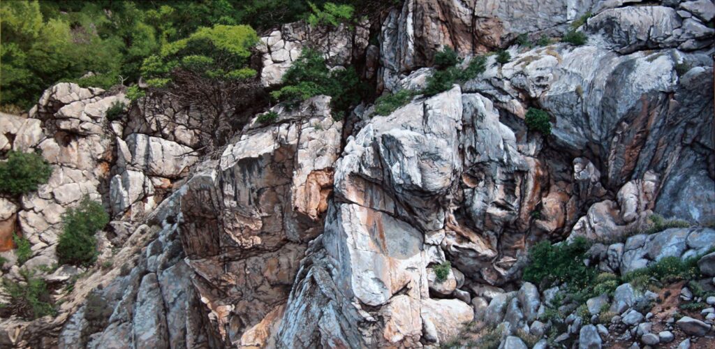 Large-scale hyperrealist acrylic painting depicting rugged rocky cliffs with vegetation and layered stone textures by Armando Zesatti