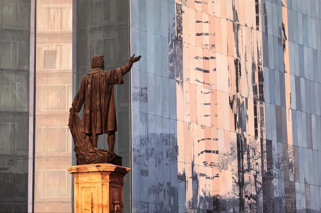Hyperrealistic painting by Armando Zesatti depicting the Colón statue along Paseo de la Reforma, framed by surrounding urban architecture, emphasizing monumentality, scale, and the dialogue between historical sculpture and the modern city.