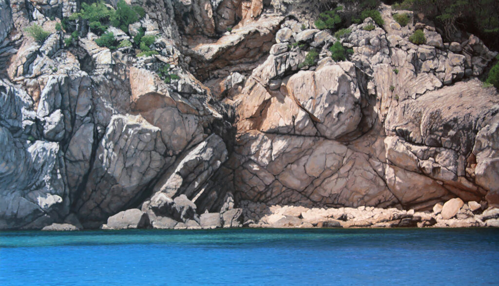 Large-scale hyperrealist acrylic painting depicting coastal rocks and sea by Armando Zesatti