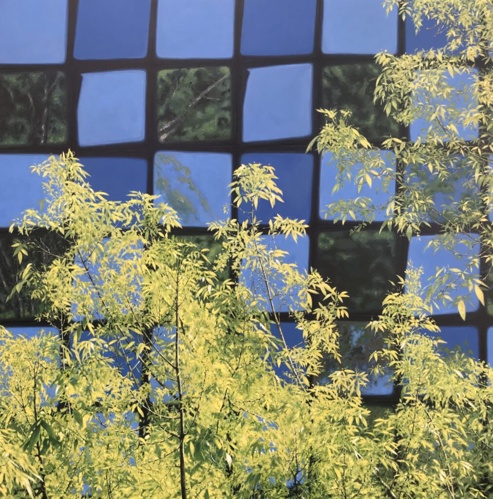 Hyperrealistic painting by Armando Zesatti depicting a glass cube façade reflecting trees and sky, emphasizing geometric structure, reflection, and the dialogue between architecture and nature.