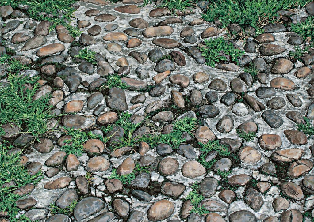 Large-scale hyperrealist acrylic painting depicting stone-paved ground with rounded rocks and natural vegetation textures by Armando Zesatti