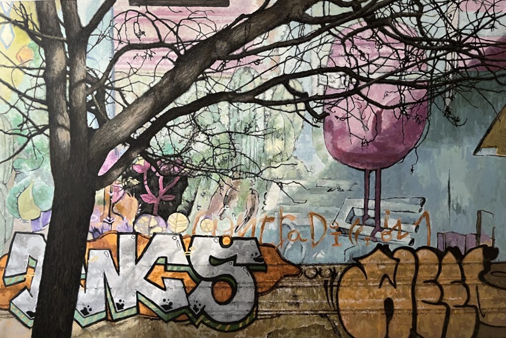 Hyperrealistic painting by Armando Zesatti depicting an urban graffiti scene on a wall, rendered with detailed textures and layers of paint, emphasizing spontaneous expression, surface wear, and the raw character of the city.