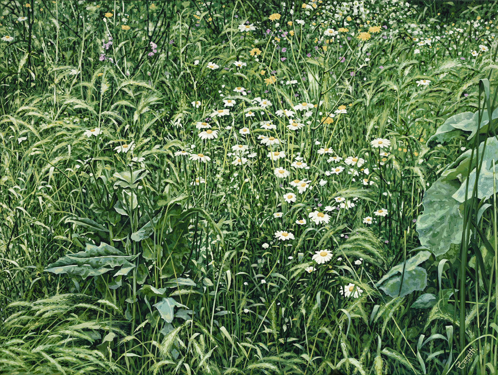 Hyperrealistic painting by Armando Zesatti depicting a wild garden with dense vegetation, rendered with fine detail to emphasize natural growth, layered textures, and the spontaneous richness of plant life.