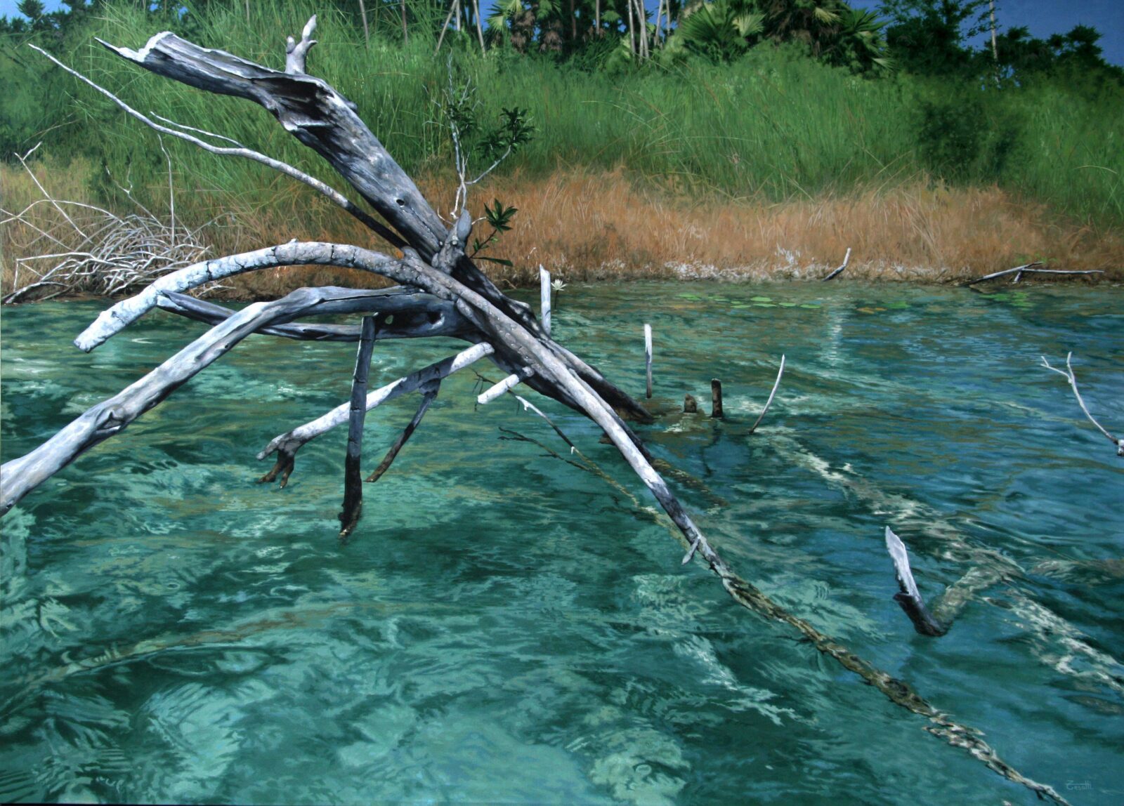 Hyperrealistic painting by Armando Zesatti depicting the Laguna de Siete Colores, with crystal-clear turquoise waters and submerged branches, rendered with fine detail to emphasize color gradation, transparency, and the natural depth of the lagoon.