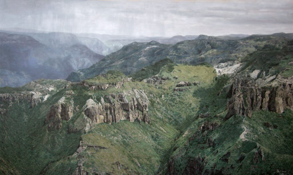 Large-scale hyperrealist acrylic painting depicting rain over dramatic canyon landscape with layered mountains and misty atmosphere by Armando Zesatti