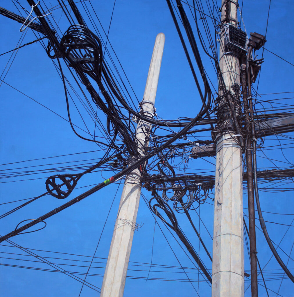 Hyperrealistic painting by Armando Zesatti depicting utility poles and tangled electrical cables against the sky, rendered with sharp detail to emphasize tension, verticality, and the raw infrastructure of the urban landscape.