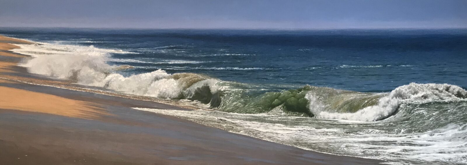 Hyperrealistic painting by Armando Zesatti depicting powerful ocean waves breaking along the shore, rendered with dramatic motion and texture to emphasize the force, turbulence, and intensity of the sea.