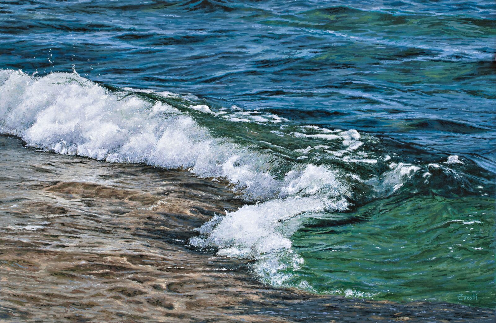 Hyperrealistic painting by Armando Zesatti depicting bicolored waves as they break along the shore, rendered with precise detail to emphasize contrasting water tones, motion, and light reflecting on the sea.