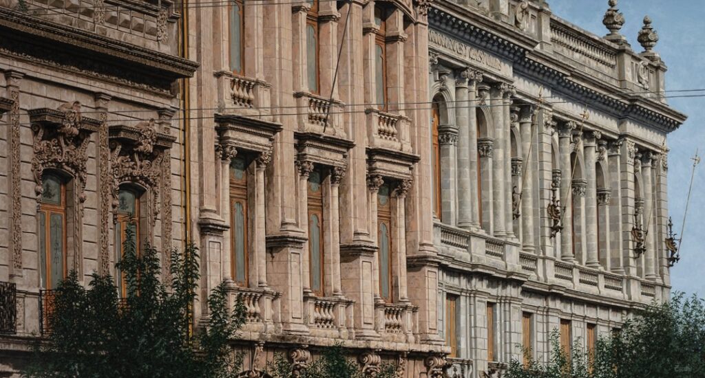 Hyperrealistic painting by Armando Zesatti depicting a historic palace façade, rendered with meticulous architectural detail to highlight symmetry, ornamentation, and the grandeur of classical urban architecture.