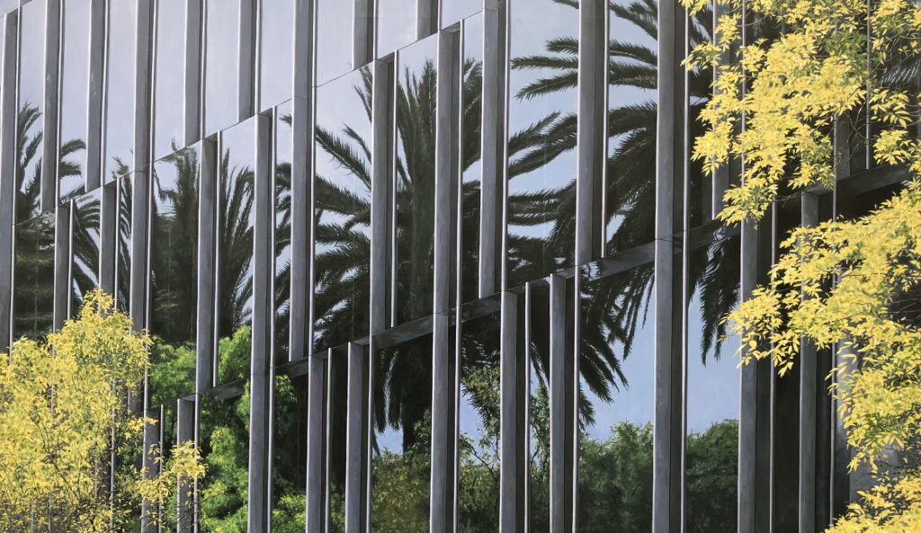 Hyperrealistic painting by Armando Zesatti depicting palm trees integrated into an office building façade, emphasizing the contrast and coexistence between natural elements and modern architectural structures.