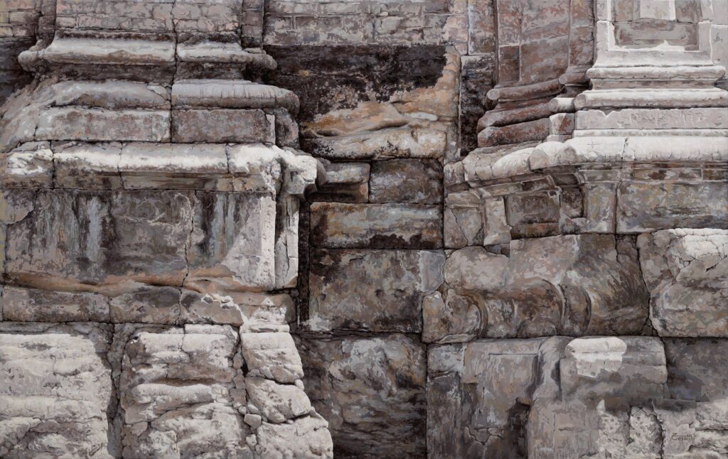 Large-scale hyperrealist acrylic painting depicting weathered stone pillars with architectural textures and layered rock surfaces