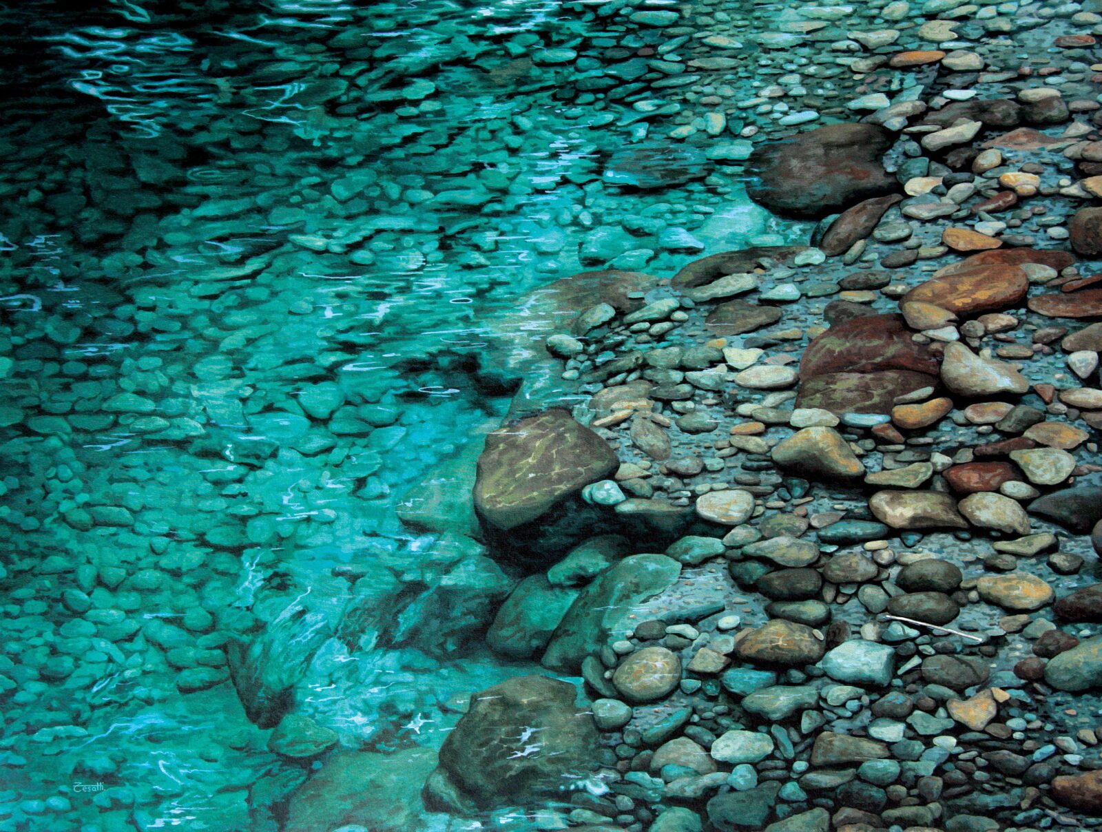 Hyperrealistic painting by Armando Zesatti depicting a clear natural pool with visible stones beneath the water’s surface, rendered with precise detail to emphasize transparency, depth, and subtle color variations.