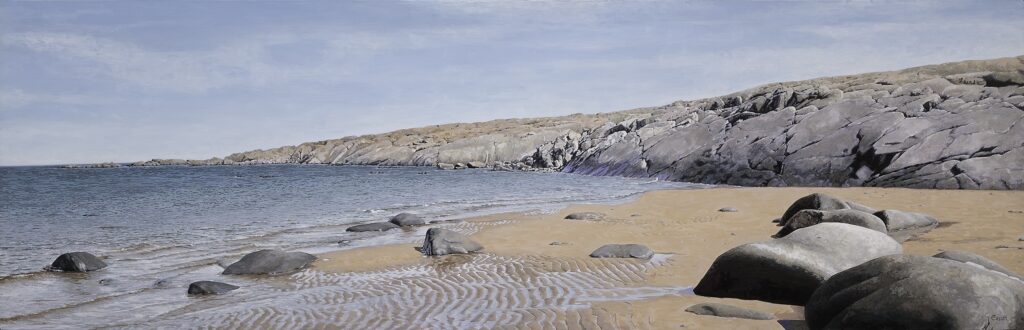 Large-scale hyperrealist acrylic painting depicting rocky shoreline and calm sea meeting sandy beach under clear sky by Armando Zesatti