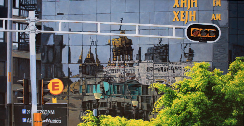 Hyperrealistic painting by Armando Zesatti depicting the central area of Paseo de la Reforma, with layered reflections, urban signage, and surrounding architecture, emphasizing density, movement, and the contemporary cityscape.