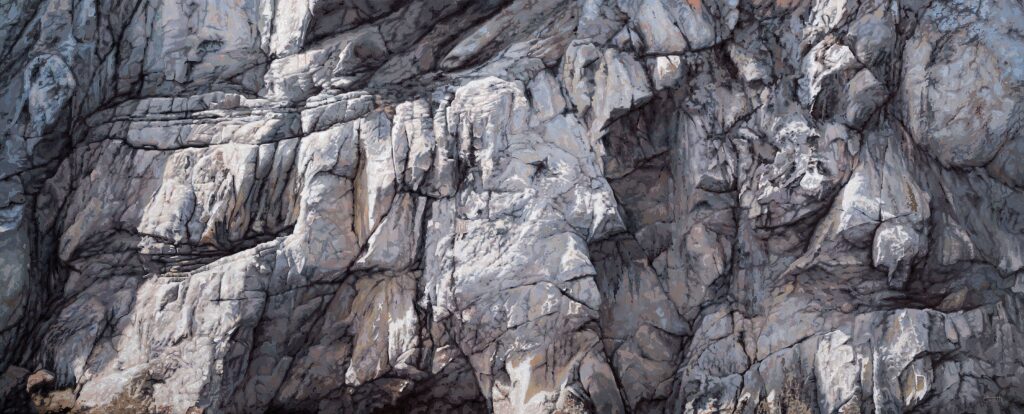 Large-scale hyperrealist acrylic painting depicting layered rock formations with intricate stone textures and natural geological patterns by Armando Zesatti