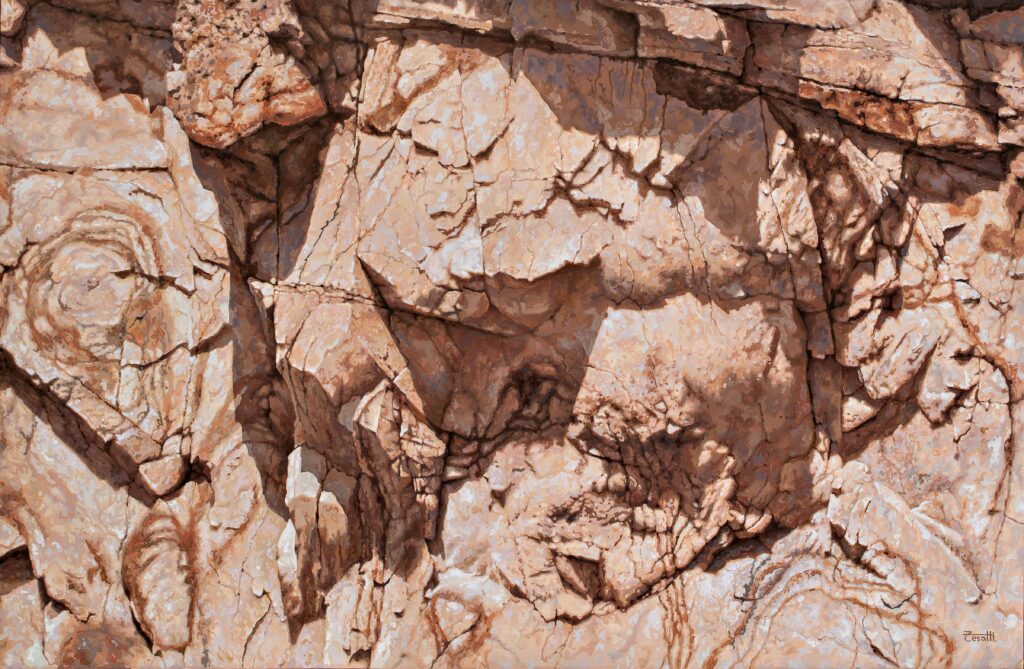 Large-scale hyperrealist acrylic painting depicting red-toned rock surface with cracked textures and layered geological formations by Armando Zesatti