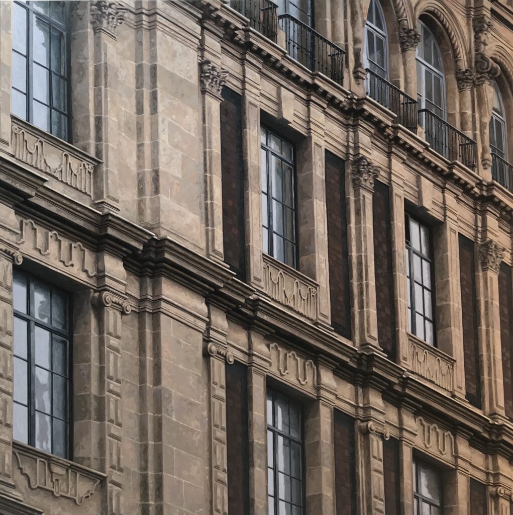 Hyperrealistic painting by Armando Zesatti depicting upward-facing windows on a historic building, rendered with fine architectural detail to emphasize verticality, light, and the connection between interior spaces and the sky.