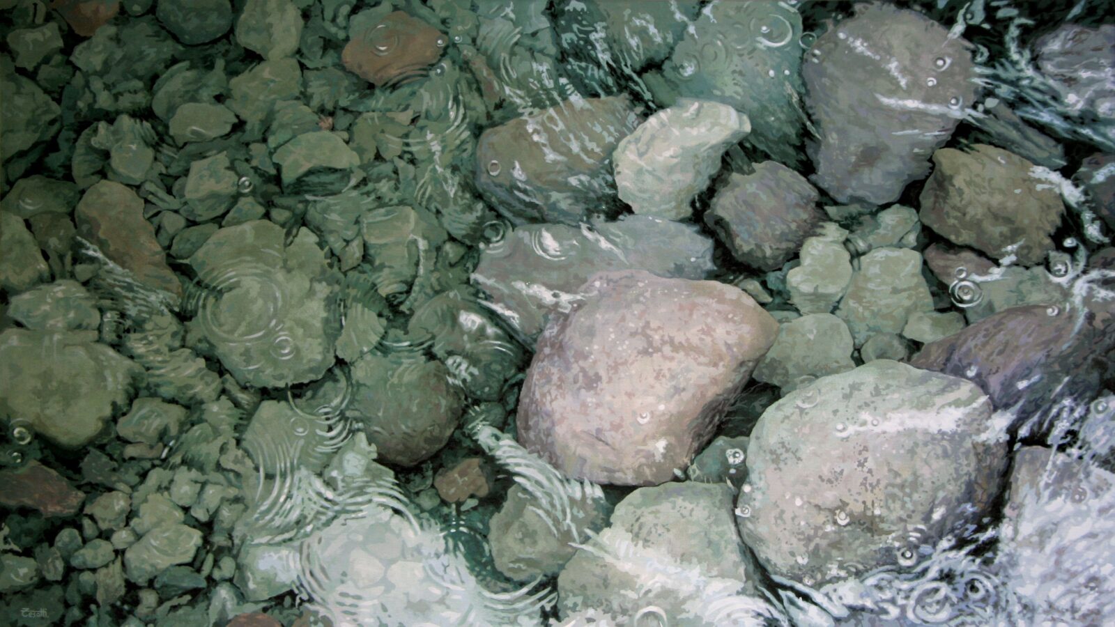 Hyperrealistic painting by Armando Zesatti depicting stones beneath shallow water as rain begins to fall, rendered with delicate ripples and reflections to emphasize movement, transparency, and the onset of rainfall.