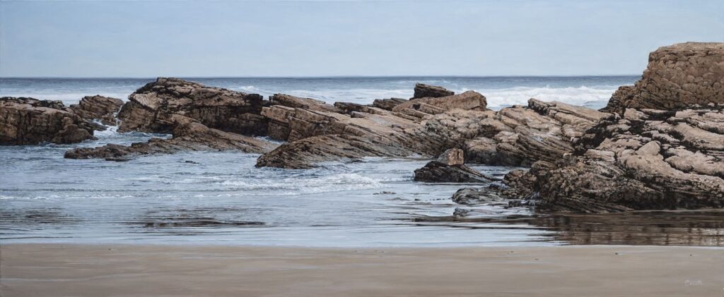 Large-scale hyperrealist acrylic painting depicting rocky shoreline where sea, land and sky converge in a coastal landscape by Armando Zesatti