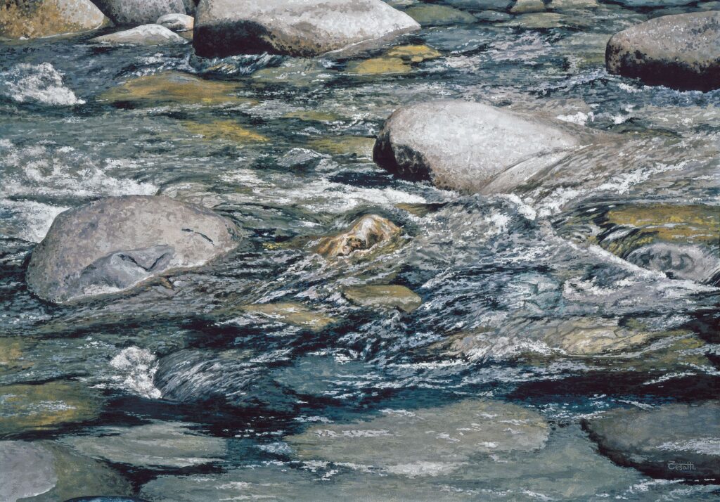Large-scale hyperrealist acrylic painting depicting flowing river water over smooth stones with dynamic movement and natural textures by Armando Zesatti