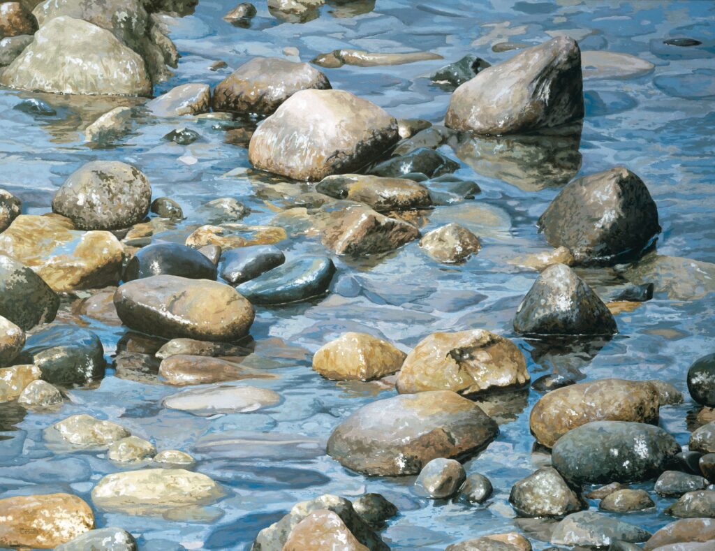 Large-scale hyperrealist acrylic painting depicting shallow coastal water with smooth stones and reflections in a serene seaside Sayulita setting by Armando Zesatti