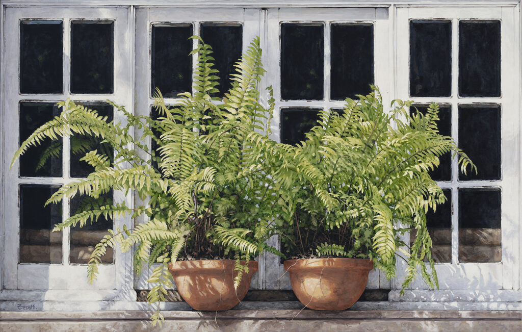 Hyperrealistic painting by Armando Zesatti depicting two potted plants placed before a window, rendered with meticulous detail to emphasize texture, light, and the quiet interaction between nature and built space.