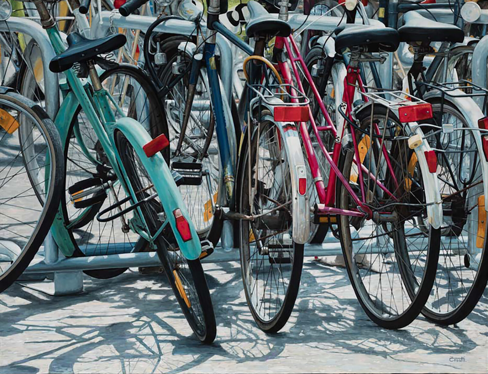 Hyperrealistic painting by Armando Zesatti depicting bicycles rendered with precise detail, texture, and realism, emphasizing form, light, and everyday urban presence.