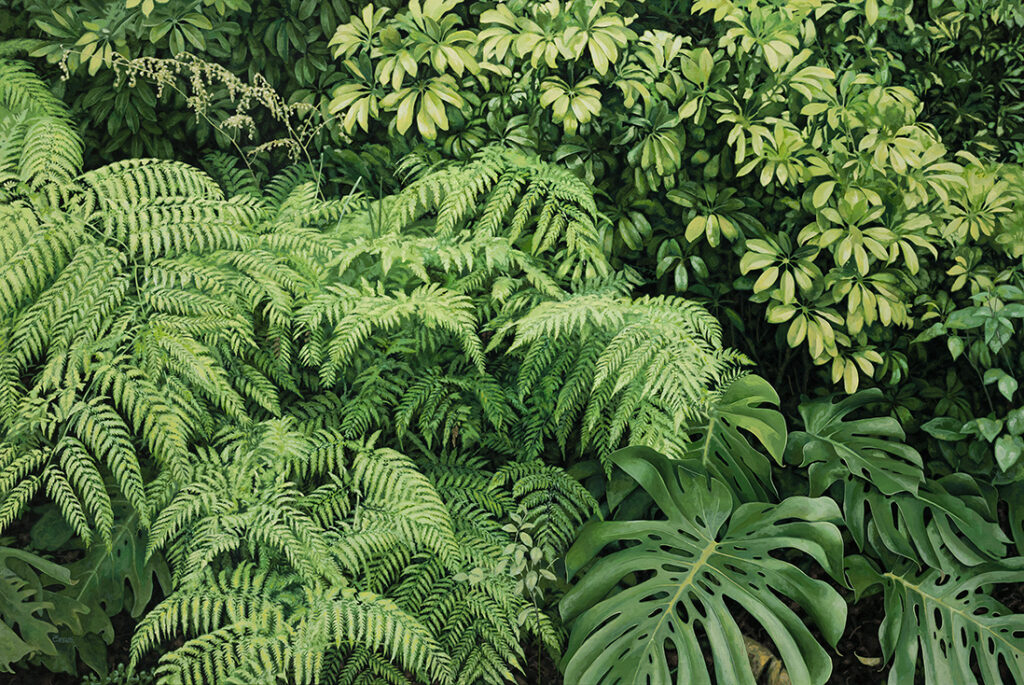 Hyperrealistic painting by Armando Zesatti depicting an interior garden with layered foliage and dense greenery, rendered with detailed textures to emphasize depth, intimacy, and the quiet presence of nature within an enclosed space.