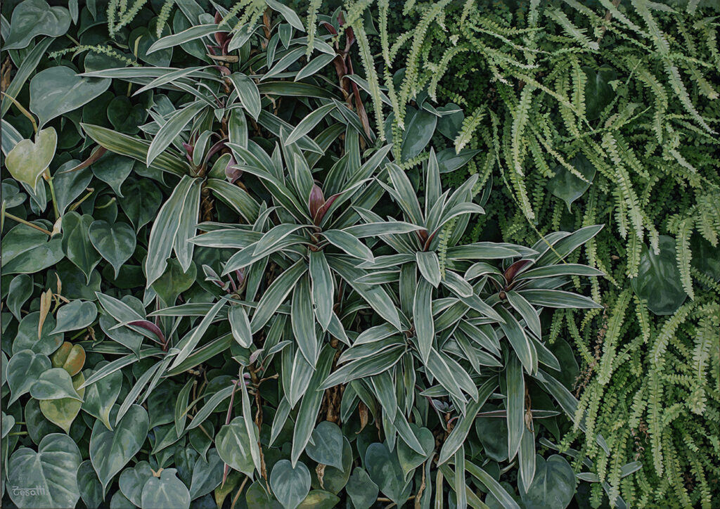 Hyperrealistic painting by Armando Zesatti depicting a vertical garden with layered leaves and dense plant textures, rendered with fine detail to emphasize structure, growth, and the integration of greenery within an urban environment.