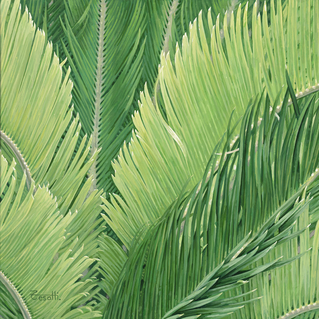 Hyperrealistic painting by Armando Zesatti depicting a young palm plant with vibrant green leaves, rendered with fine detail to emphasize texture, freshness, and the quiet presence of tropical vegetation.