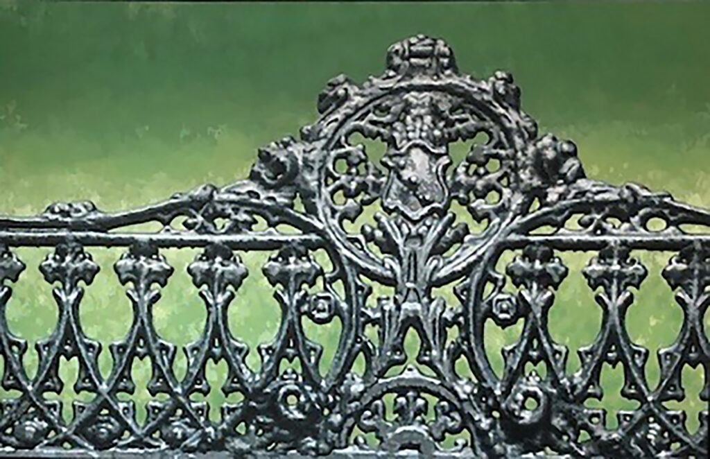 Hyperrealistic painting by Armando Zesatti depicting an ornate wrought-iron park bench, rendered with fine detail to emphasize decorative patterns, texture, and the quiet presence of urban furniture within a green setting.